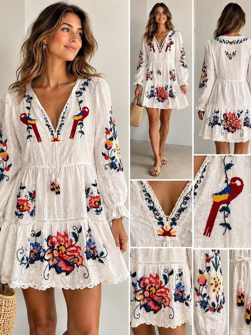 Farm Rio Macaw Cross Stitch Embroidered Mini Dress White XS